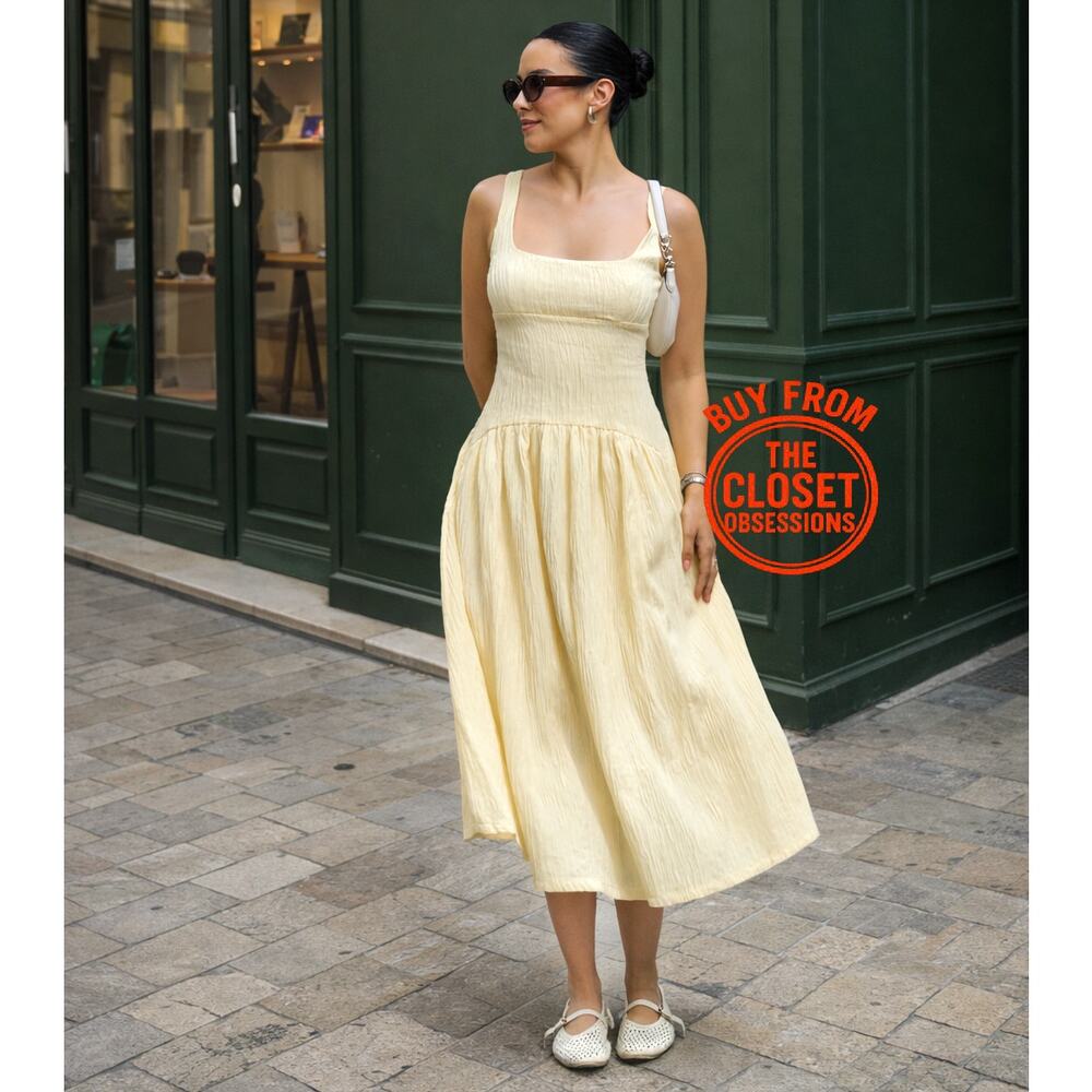 ZARA Yellow Textured Midi Dress NWT Square Neck Open Back Cottagecore Size S - Picture 9 of 16